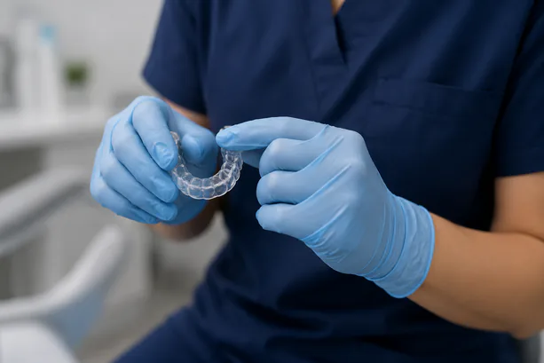 Dental technician handling a custom-fabricated acrylic stabilization appliance
