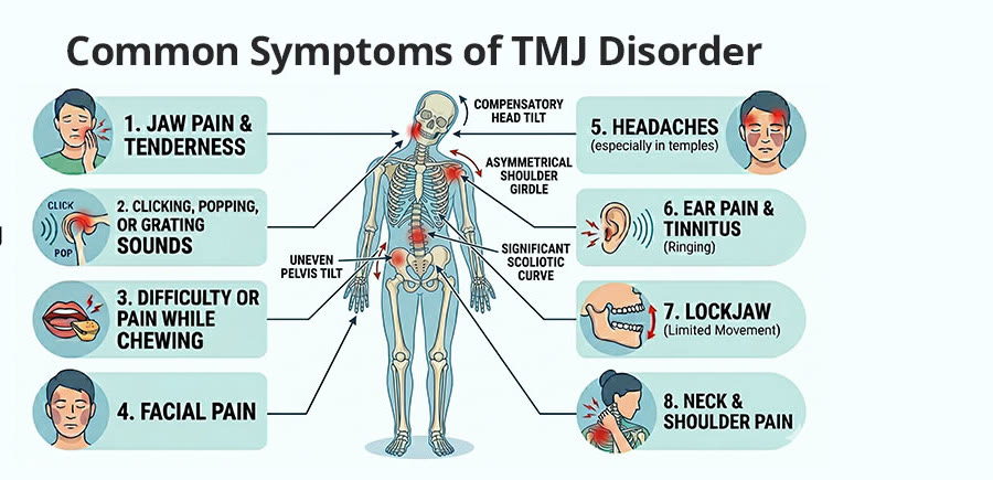 Diagram illustrating the range of TMJ disorder symptoms including jaw pain, headaches, ear pain, neck tension, and difficulty chewing