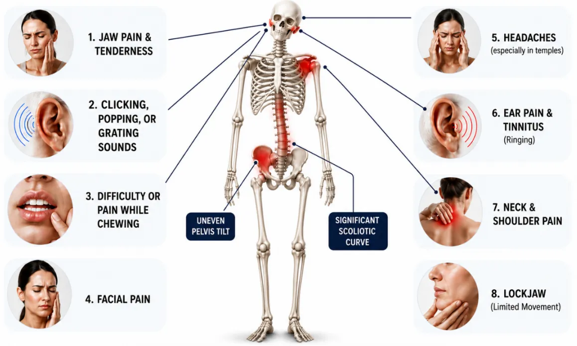 Common Symptoms of TMJ Disorder — jaw pain, clicking sounds, headaches, ear pain, lockjaw, neck and shoulder pain — anatomy diagram